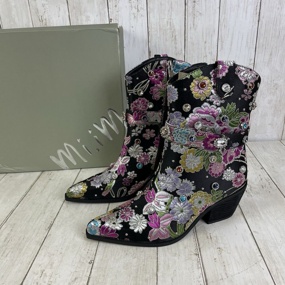 MI.IM Bejeweled Western Boots Florence Satin Floral Embroidery Sz 8 New W/Box